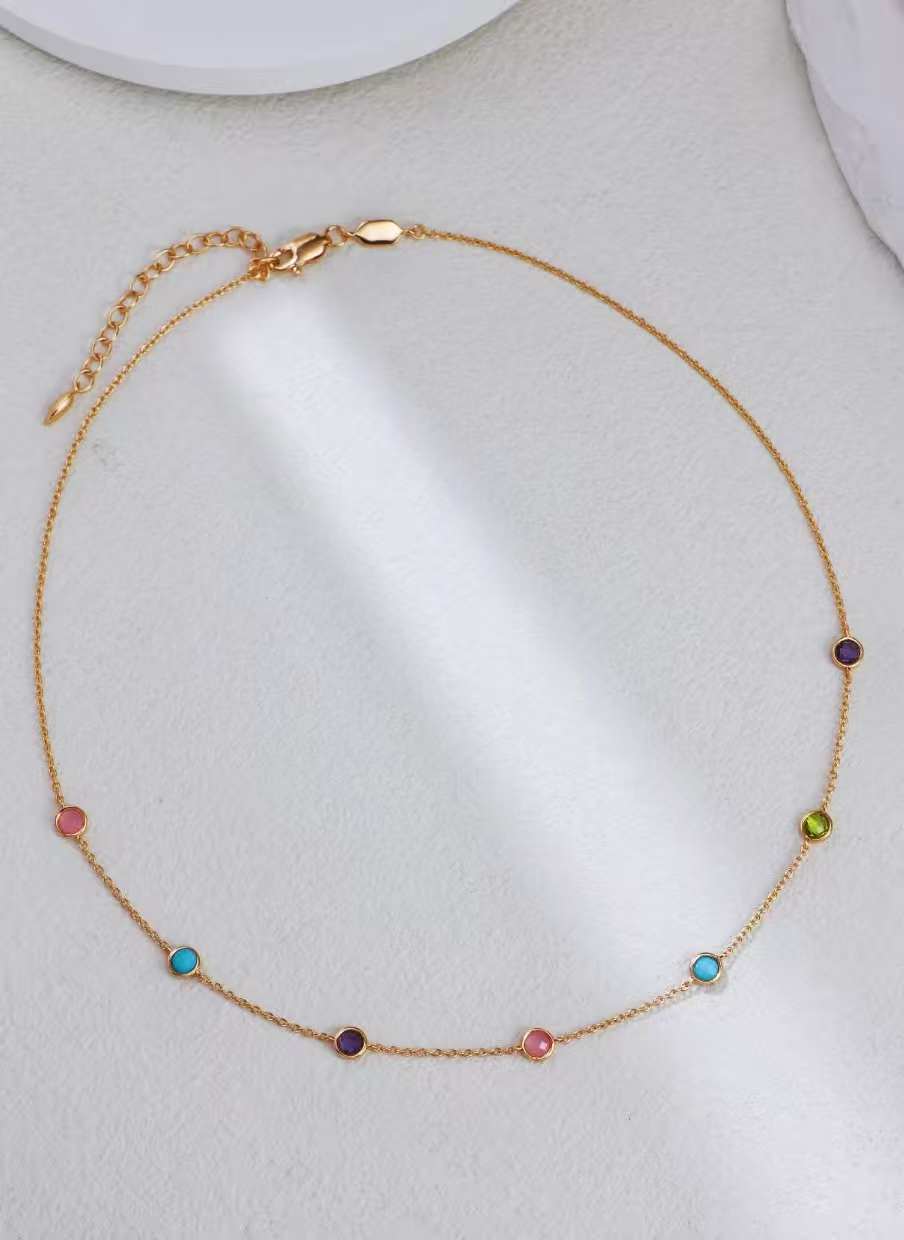 Round-Cut Color Gemstone Necklace/ قلادة بحجر كريم ملوّن مقطوع بشكل دائري（GZXL0016）