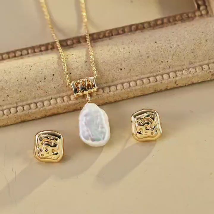 Vintage gold-tone square baroque pearl sterling silver jewelry (earrings, necklace (adjustable length), bracelet (adjustable))/مجوهرات من الفضة الإسترلينية العتيقة ذات اللون الذهبي المربع من اللؤلؤ الباروكي (أقراط، قلادة (بطول قابل للتعديل)（D0677-2)）