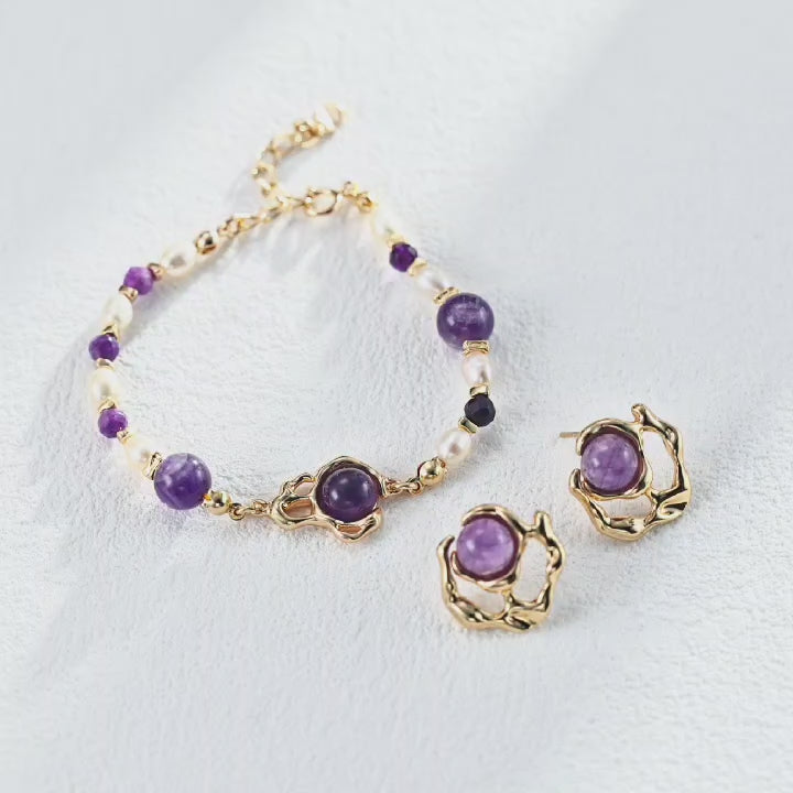 Vintage Amethyst Earrings and Bracelet/ أقراط وسوار بعقيق أرجوانيّ عتيق（E01396-2）