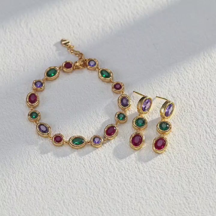 Fashionable Colorful Zircon Bracelet and Earrings/ سوار وأقراط أنيقة مزينة بزركونات ملوّنة（SL0186-2）